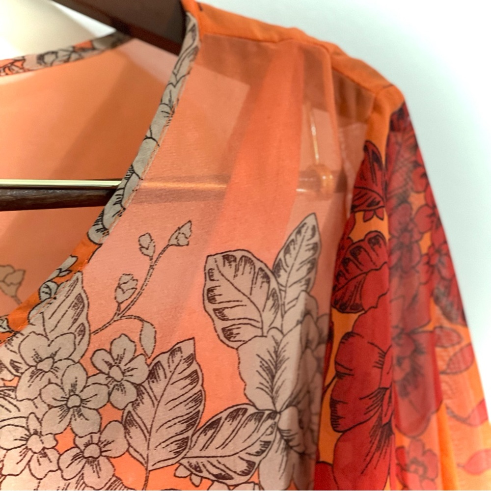 Adiva Women’s Sheer Red-Orange Floral Blouse With Slip - Picture 3 of 5